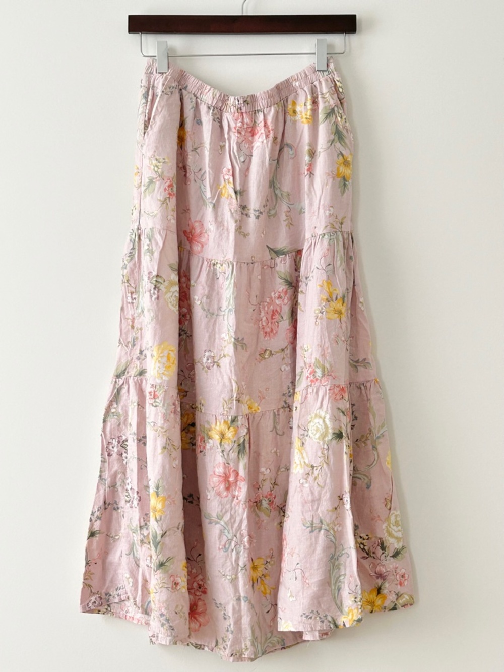Laura Ashley Pink Floral Linen Blend Tiered Maxi Skirt